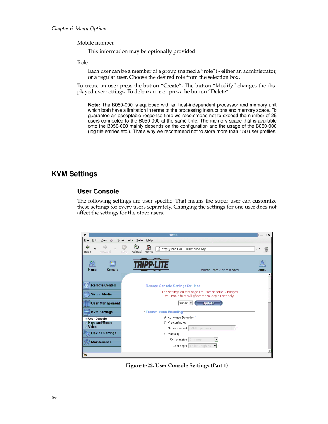 Tripp Lite B050-000 manual KVM Settings, User Console 