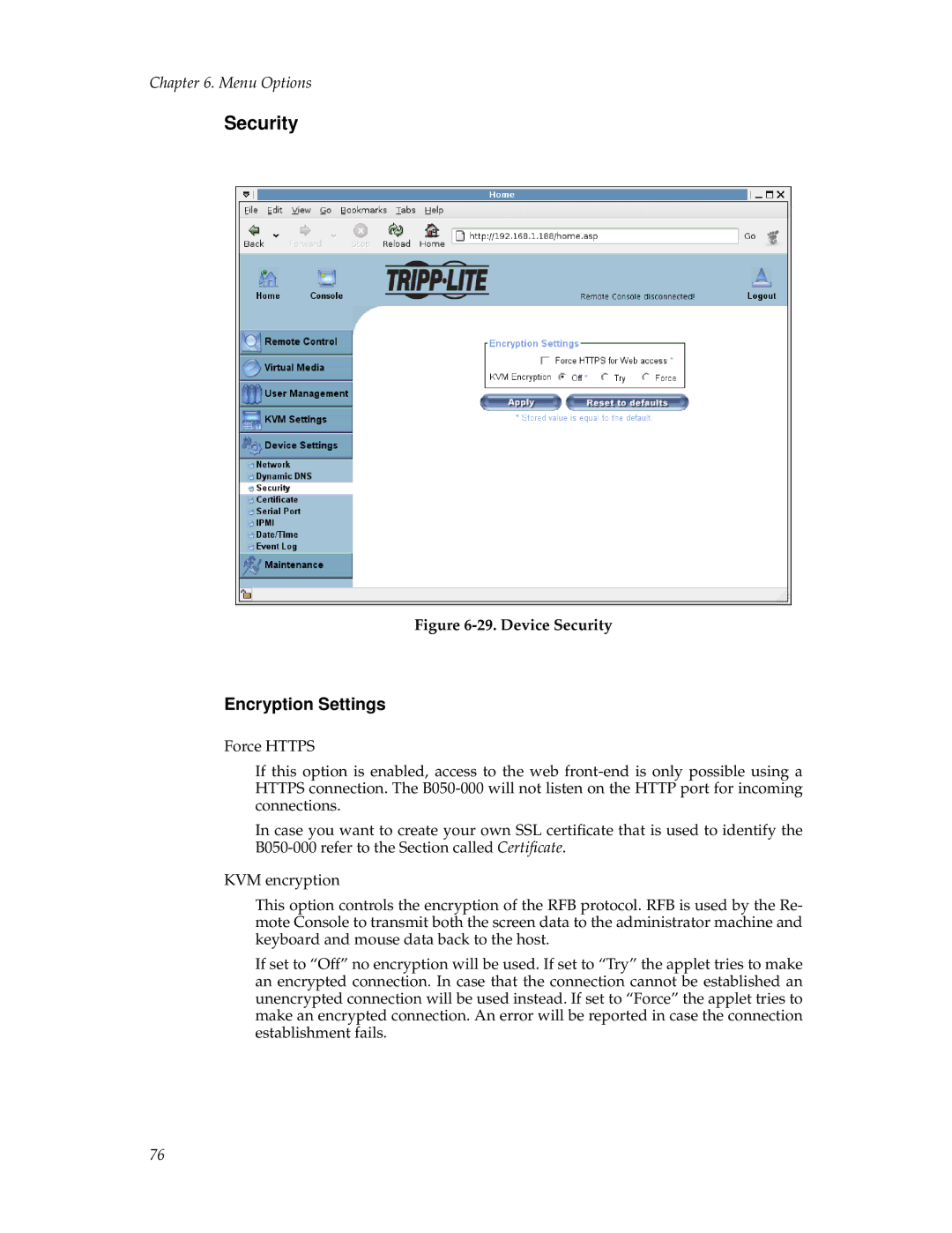 Tripp Lite B050-000 manual Security, Encryption Settings 