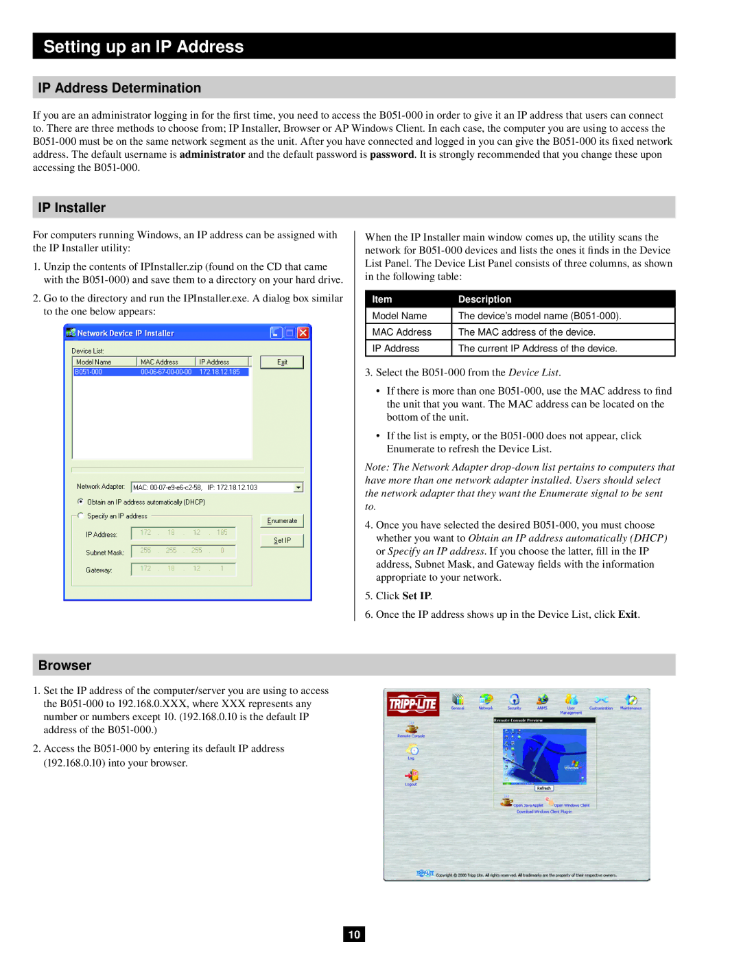 Tripp Lite B051-000 IP owner manual Setting up an IP Address, IP Address Determination, IP Installer, Browser, Description 