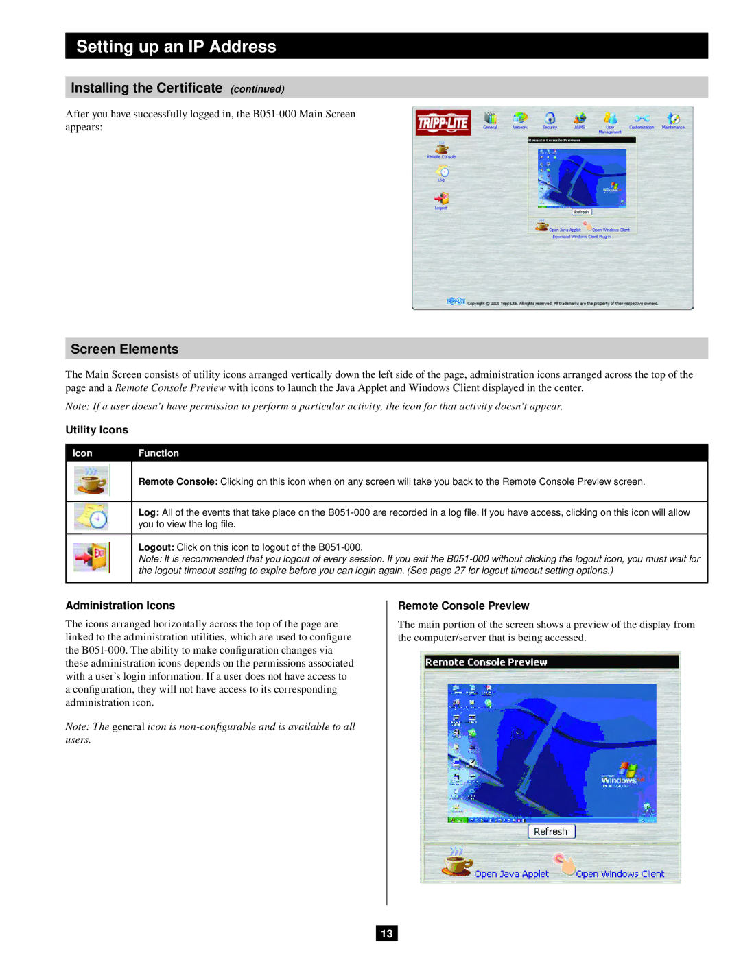 Tripp Lite B051-000 IP Screen Elements, Utility Icons, Administration Icons, Remote Console Preview, Icon Function 