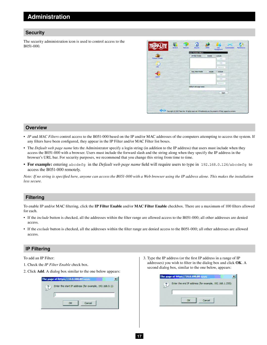 Tripp Lite B051-000 IP owner manual Security, Overview, IP Filtering 