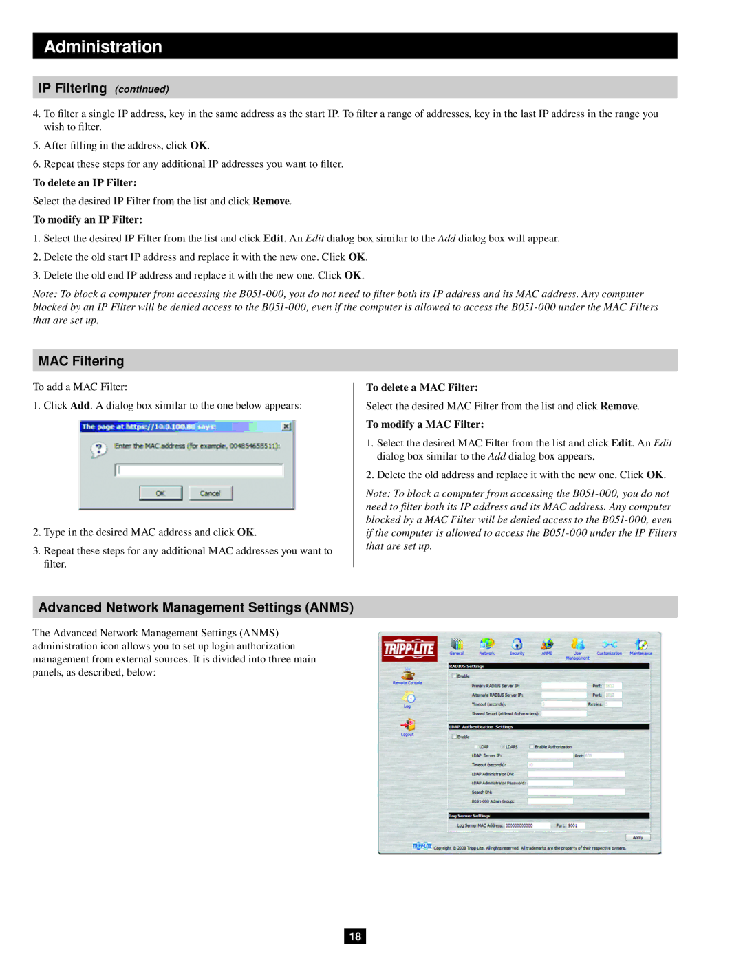 Tripp Lite B051-000 IP owner manual MAC Filtering, Advanced Network Management Settings Anms 