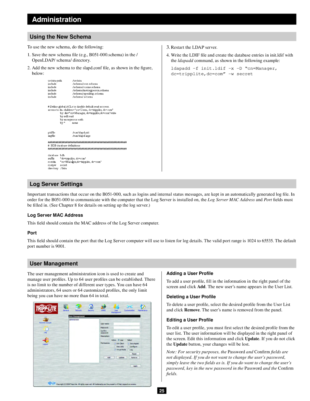 Tripp Lite B051-000 IP owner manual Using the New Schema, Log Server Settings, User Management 