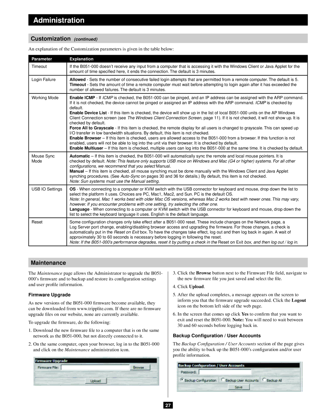 Tripp Lite B051-000 IP Maintenance, Firmware Upgrade, Backup Configuration / User Accounts, Parameter Explanation 