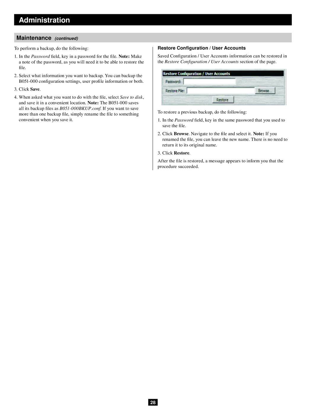 Tripp Lite B051-000 IP owner manual Restore Configuration / User Accounts 