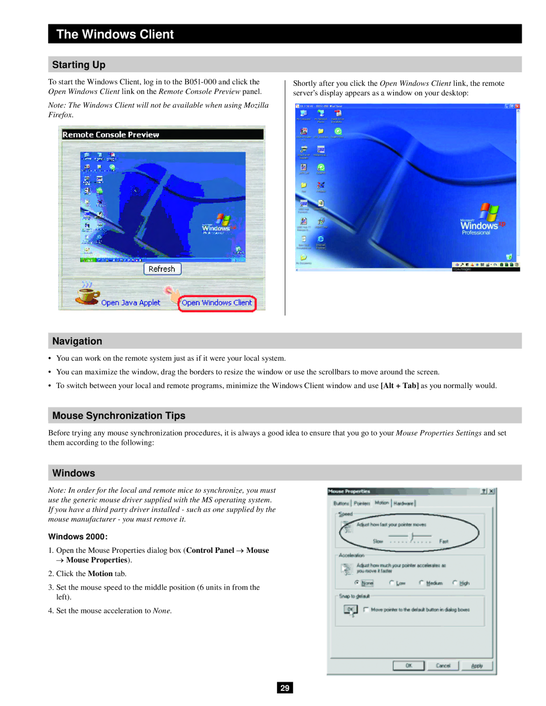 Tripp Lite B051-000 IP owner manual Windows Client, Starting Up, Navigation, Mouse Synchronization Tips 