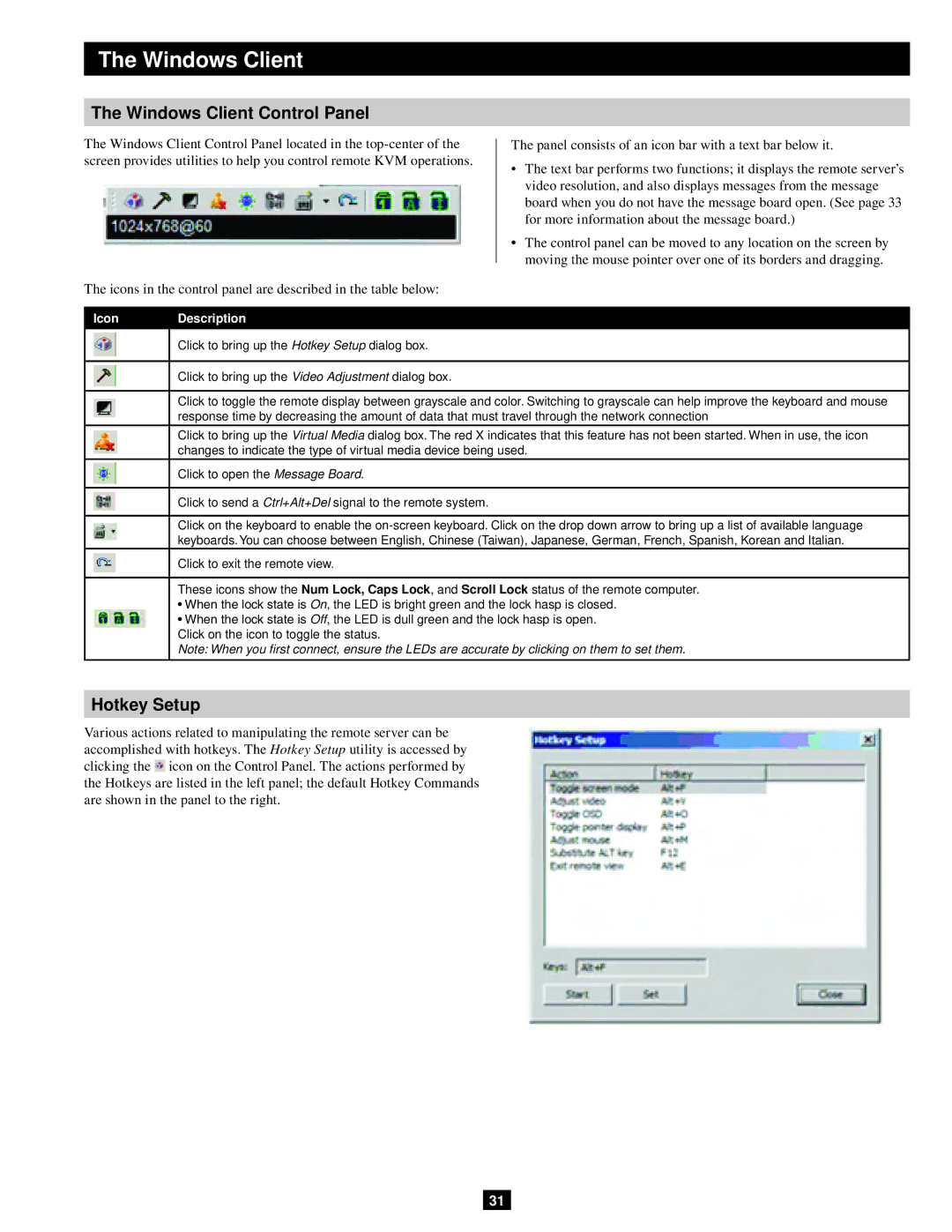 Tripp Lite B051-000 IP owner manual Windows Client Control Panel, Hotkey Setup, Icon Description 