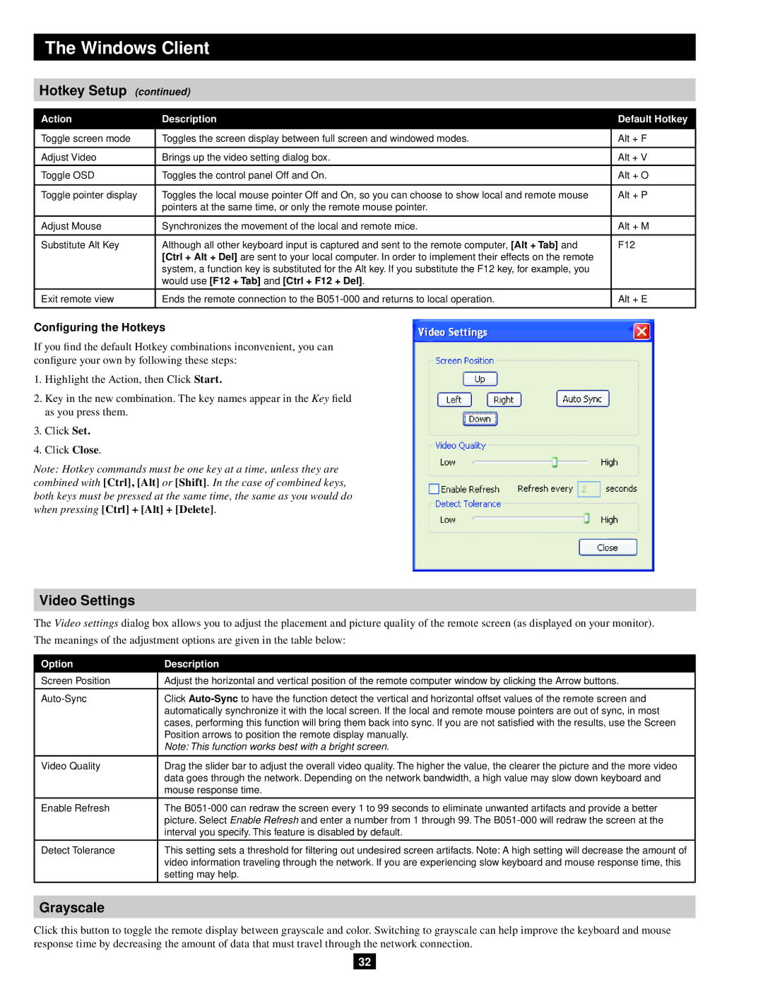 Tripp Lite B051-000 IP owner manual Video Settings, Grayscale, Configuring the Hotkeys, Action Description Default Hotkey 