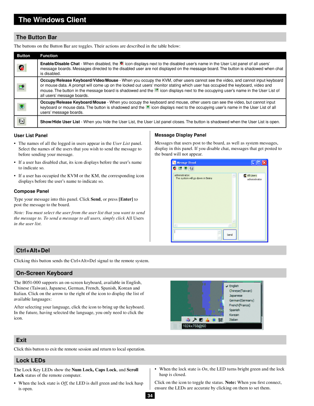 Tripp Lite B051-000 IP owner manual Button Bar, Ctrl+Alt+Del, On-Screen Keyboard, Exit, Lock LEDs 