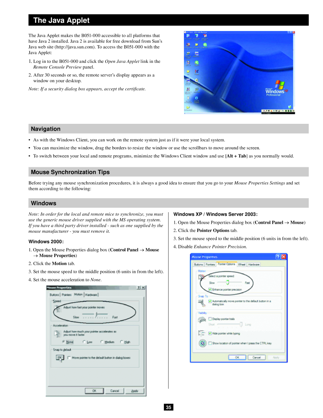 Tripp Lite B051-000 IP owner manual Java Applet, Click the Pointer Options tab 