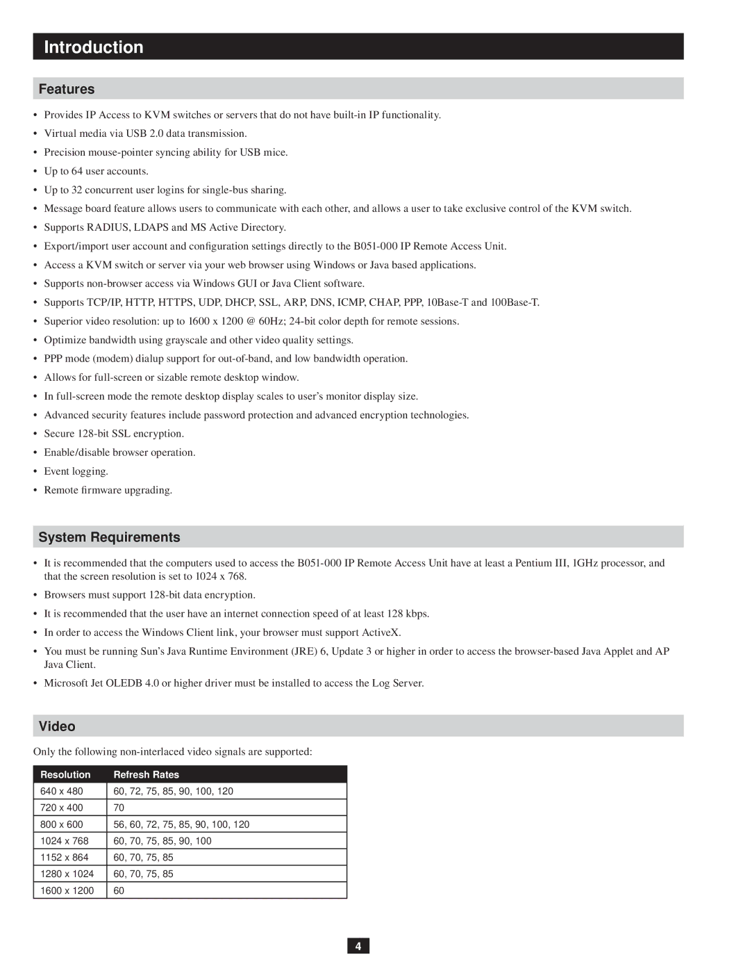 Tripp Lite B051-000 IP owner manual Introduction, Features, System Requirements, Video, Resolution Refresh Rates 