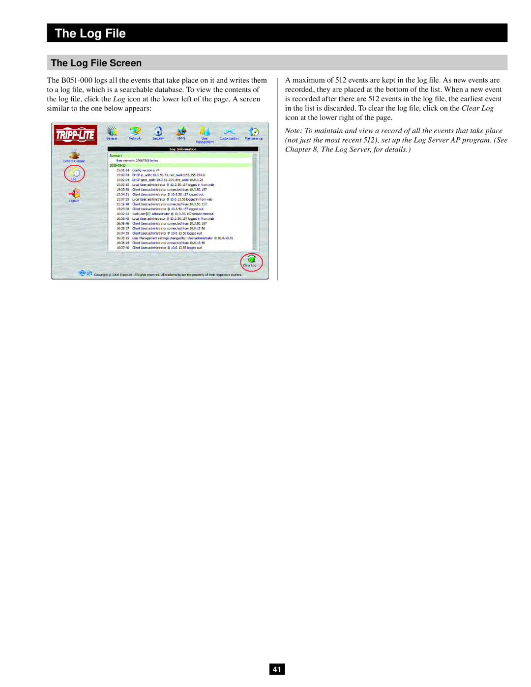 Tripp Lite B051-000 IP owner manual Log File Screen 