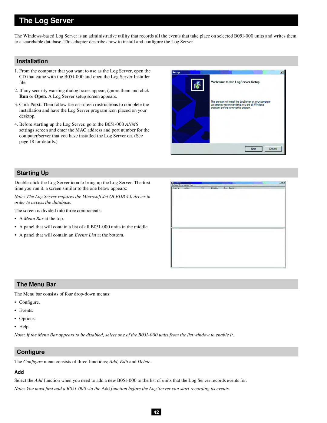Tripp Lite B051-000 IP owner manual Log Server, Menu Bar, Configure, Add 