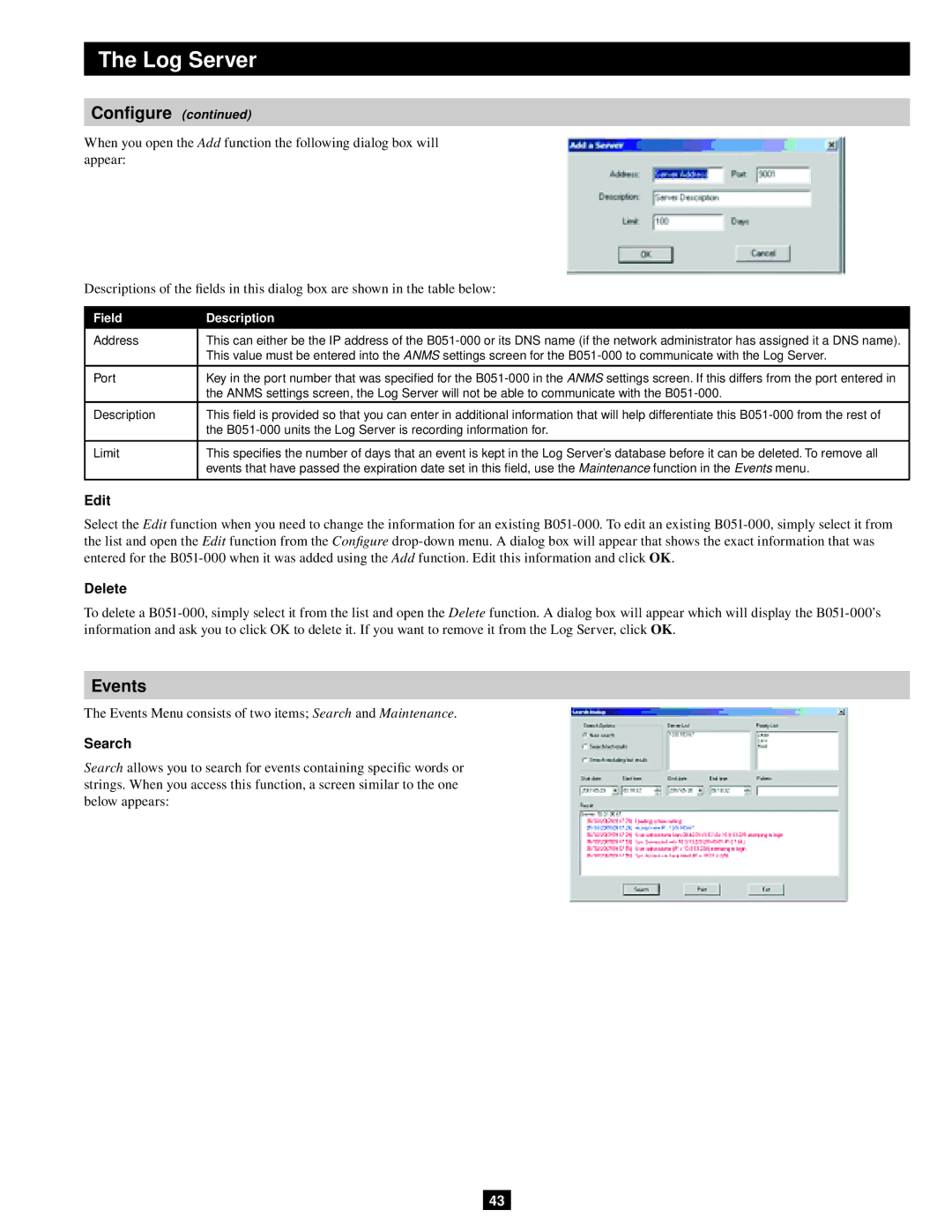 Tripp Lite B051-000 IP owner manual Events, Edit, Delete, Search, Field Description 