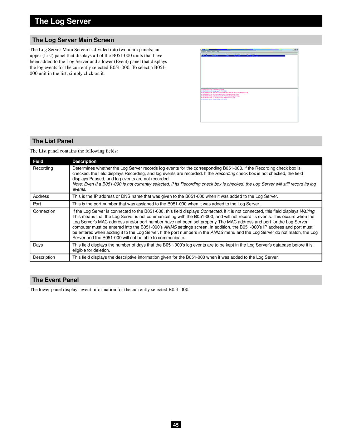 Tripp Lite B051-000 IP owner manual Log Server Main Screen, List Panel, Event Panel 