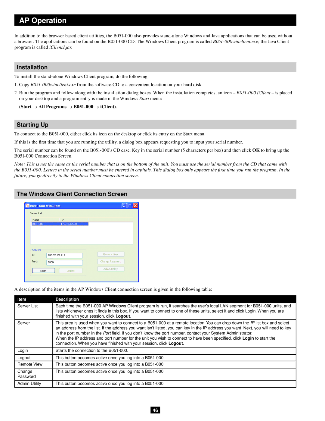 Tripp Lite B051-000 IP AP Operation, Windows Client Connection Screen, Start → All Programs → B051-000 → iClient 