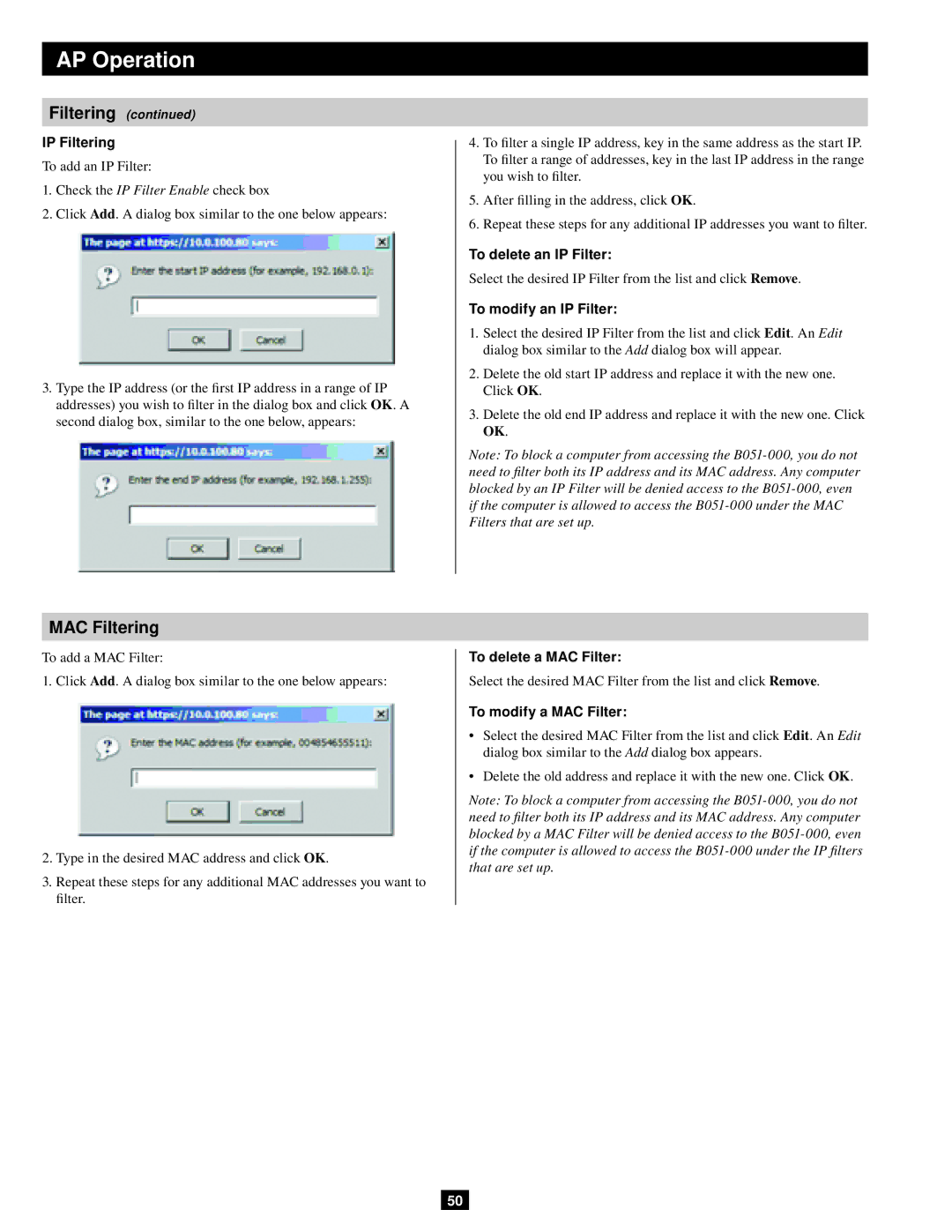 Tripp Lite B051-000 IP owner manual IP Filtering, To delete an IP Filter, To modify an IP Filter, To delete a MAC Filter 