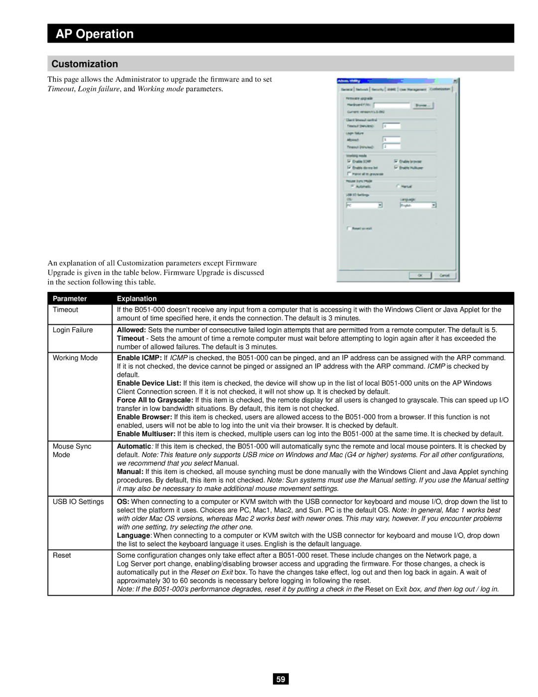 Tripp Lite B051-000 IP owner manual Timeout, Login failure, and Working mode parameters 