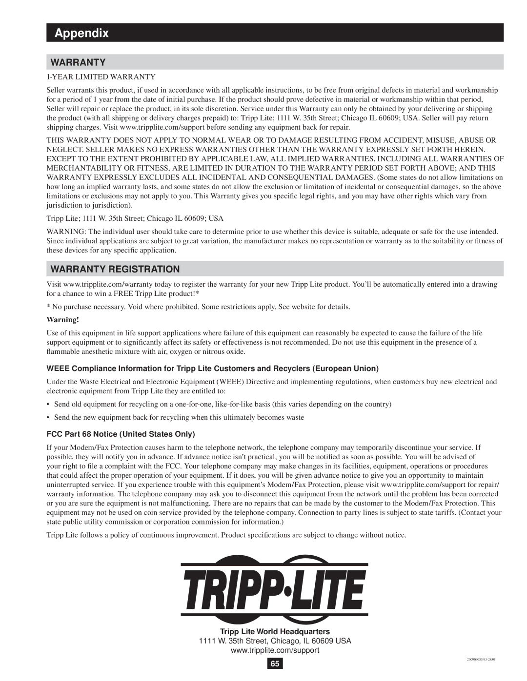 Tripp Lite B051-000 IP owner manual Warranty, FCC Part 68 Notice United States Only 