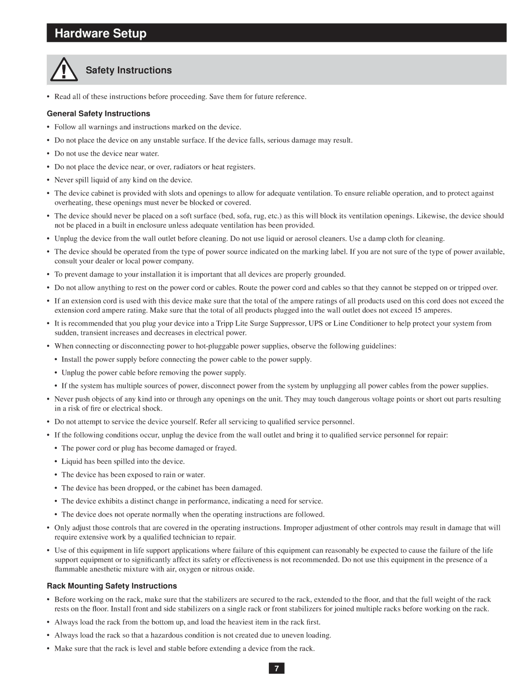 Tripp Lite B051-000 IP owner manual Hardware Setup, General Safety Instructions, Rack Mounting Safety Instructions 