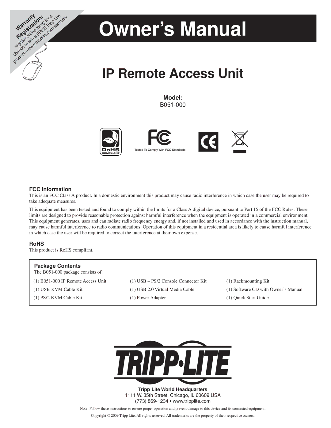 Tripp Lite B051-000 owner manual IP Remote Access Unit, Model 