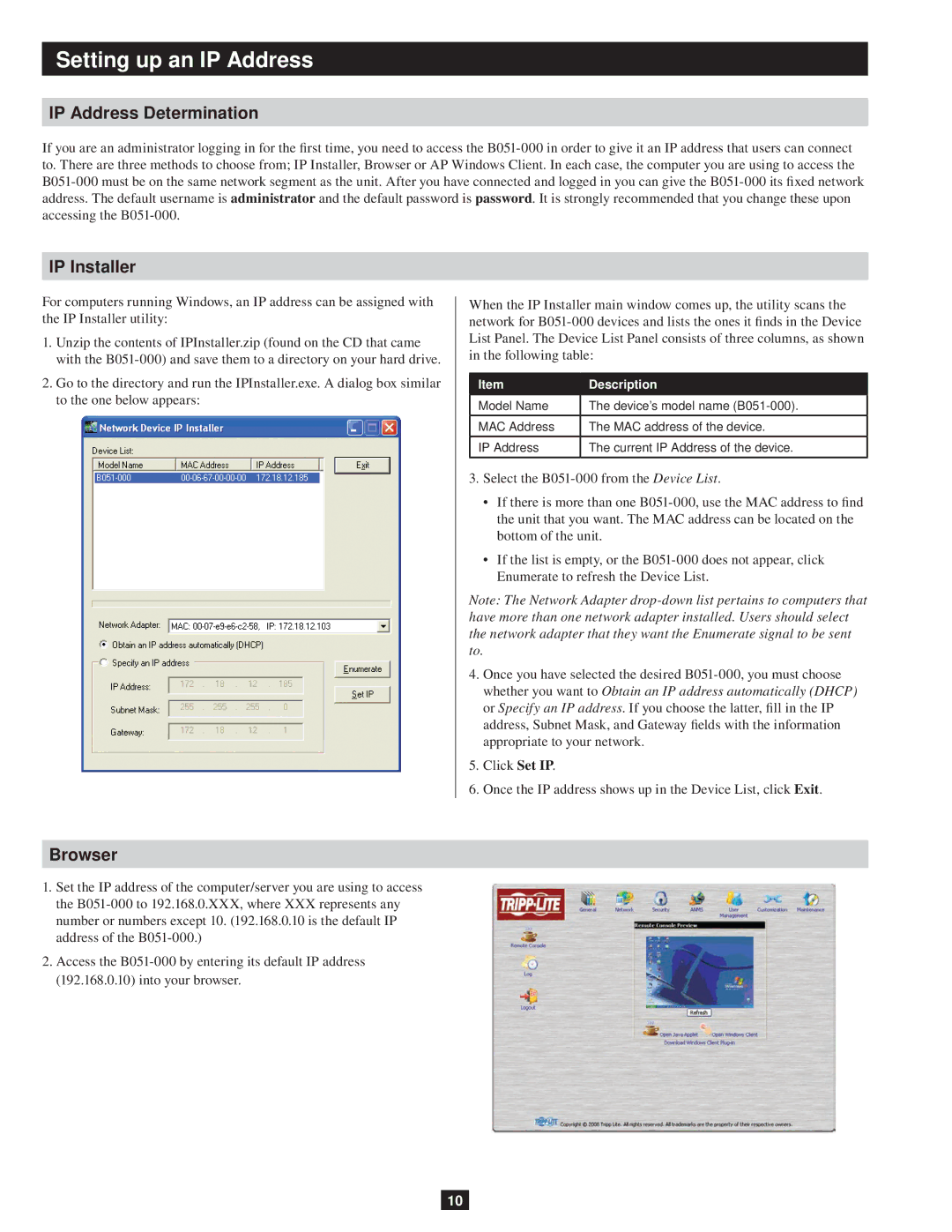 Tripp Lite B051-000 owner manual Setting up an IP Address, IP Address Determination, IP Installer, Browser, Description 