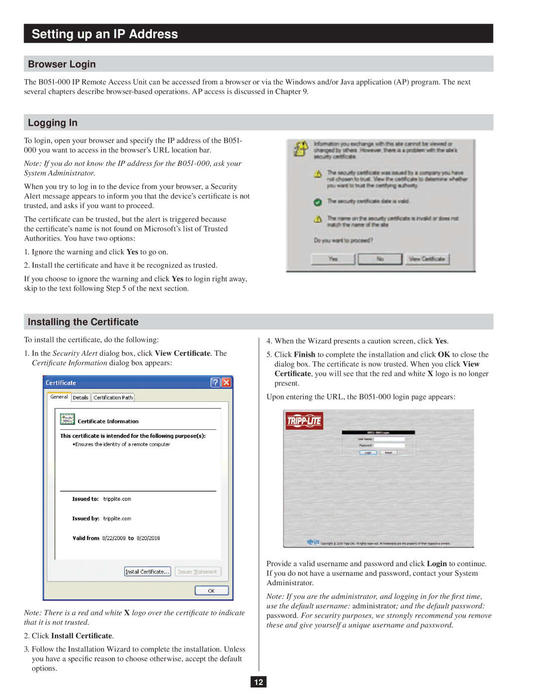 Tripp Lite B051-000 owner manual Browser Login, Logging, Installing the Certificate, Click Install Certificate 