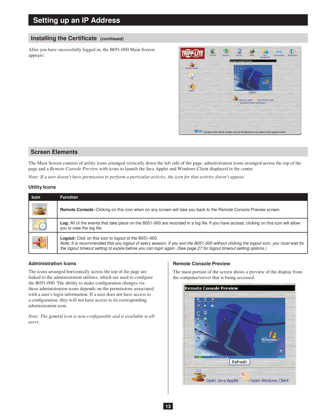 Tripp Lite B051-000 Screen Elements, Utility Icons, Administration Icons, Remote Console Preview, Icon Function 