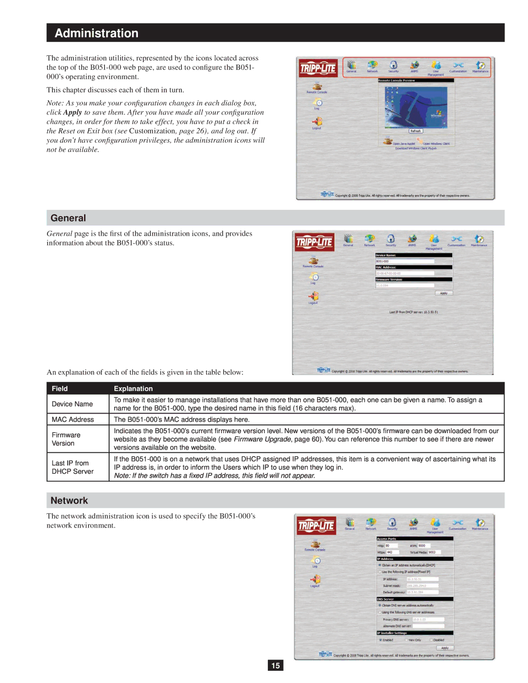 Tripp Lite B051-000 owner manual Administration, General, Network, Field Explanation 