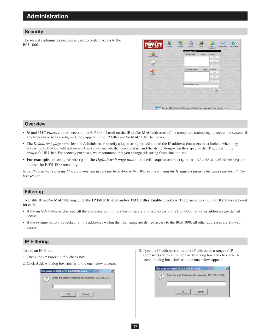 Tripp Lite B051-000 owner manual Security, Overview, IP Filtering 