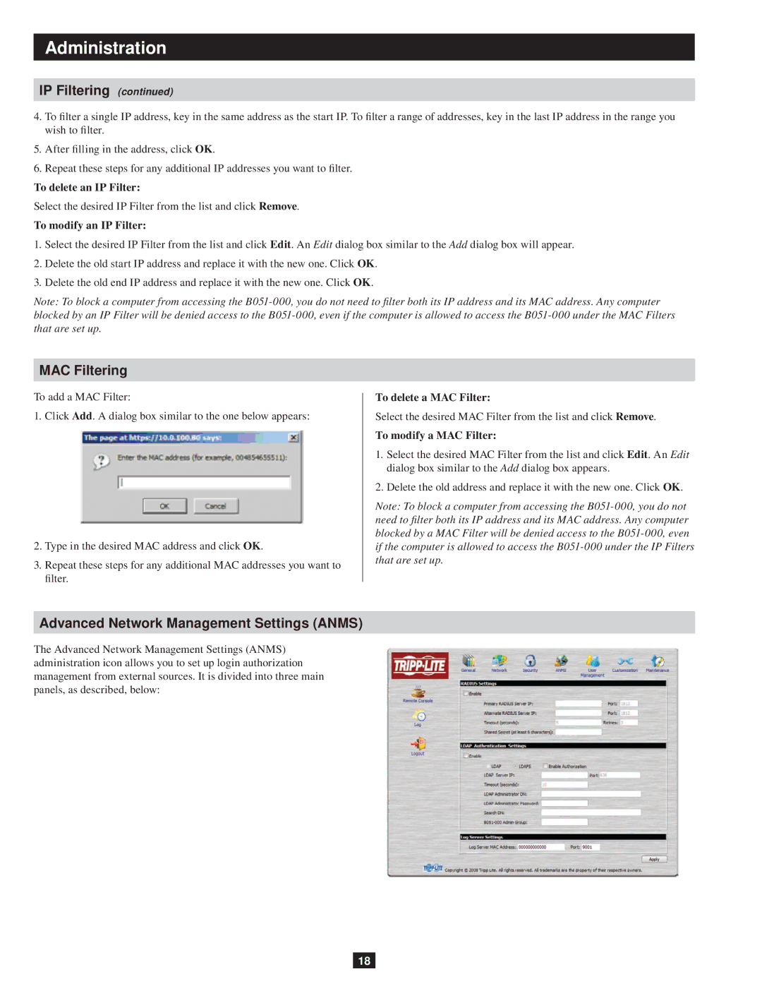 Tripp Lite B051-000 owner manual MAC Filtering, Advanced Network Management Settings Anms 