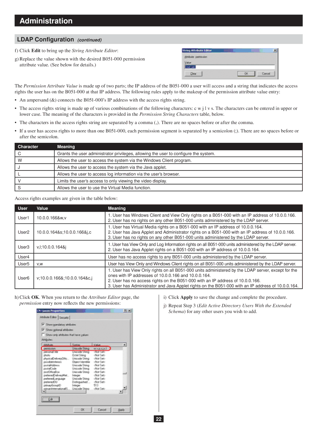 Tripp Lite B051-000 owner manual Access rights examples are given in the table below, User Value Meaning 