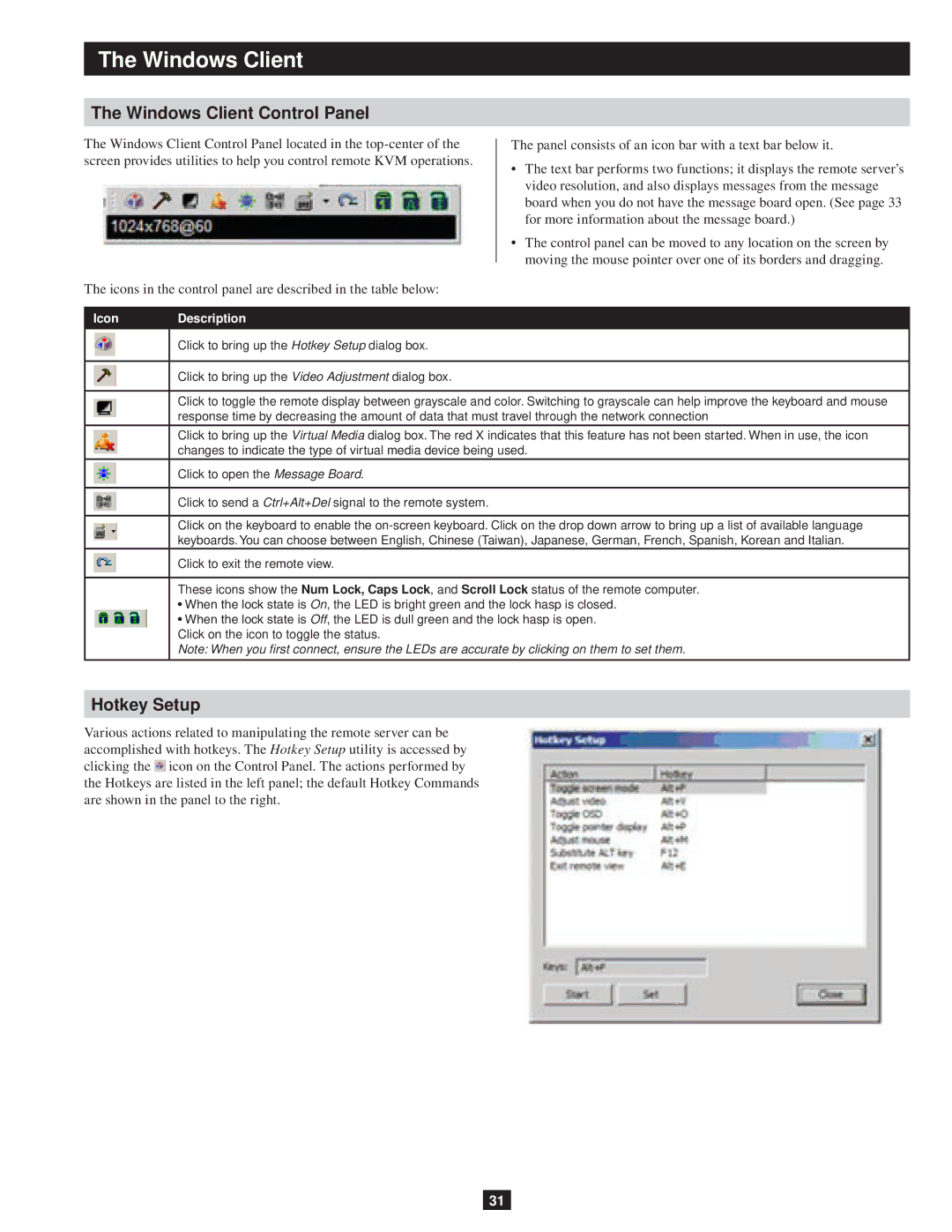 Tripp Lite B051-000 owner manual Windows Client Control Panel, Hotkey Setup, Icon Description 