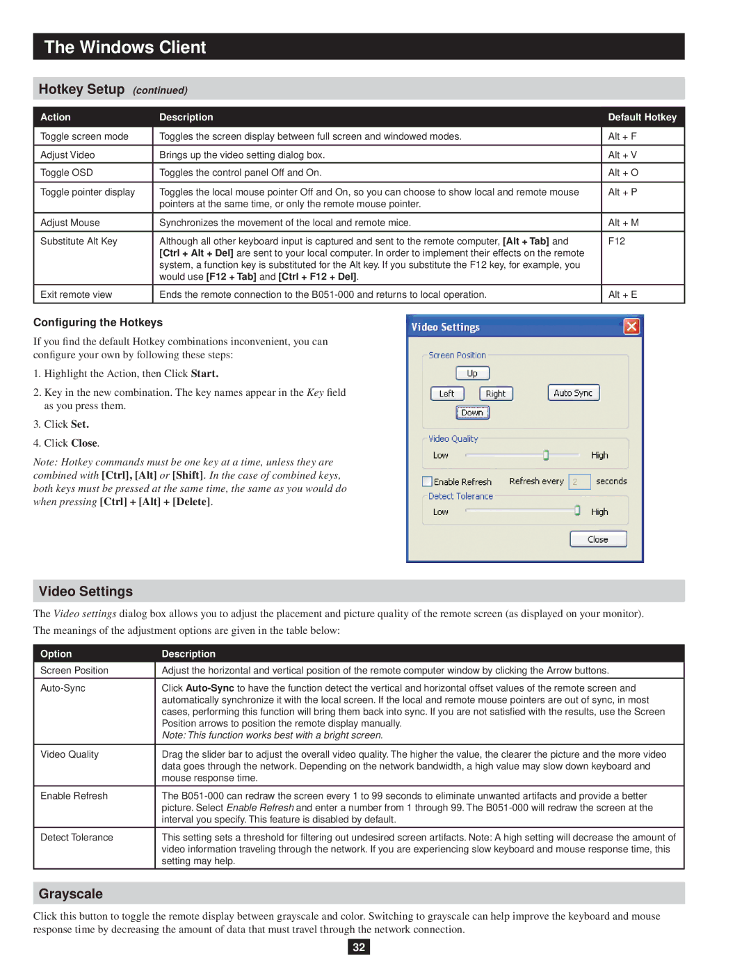 Tripp Lite B051-000 owner manual Video Settings, Grayscale, Configuring the Hotkeys, Action Description Default Hotkey 