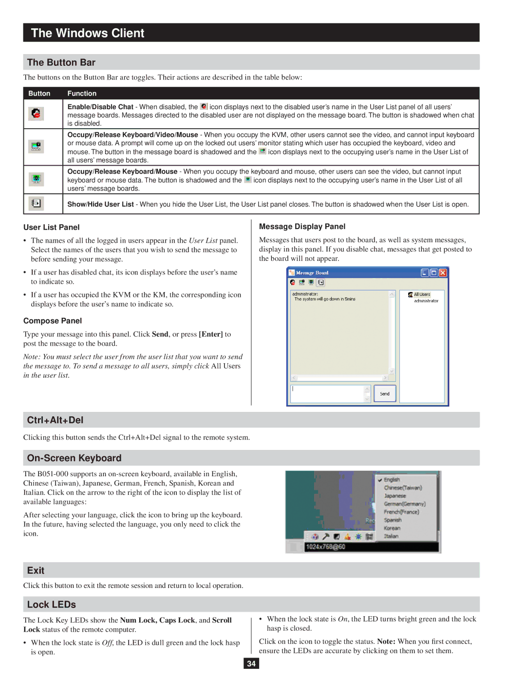 Tripp Lite B051-000 owner manual Button Bar, Ctrl+Alt+Del, On-Screen Keyboard, Exit, Lock LEDs 