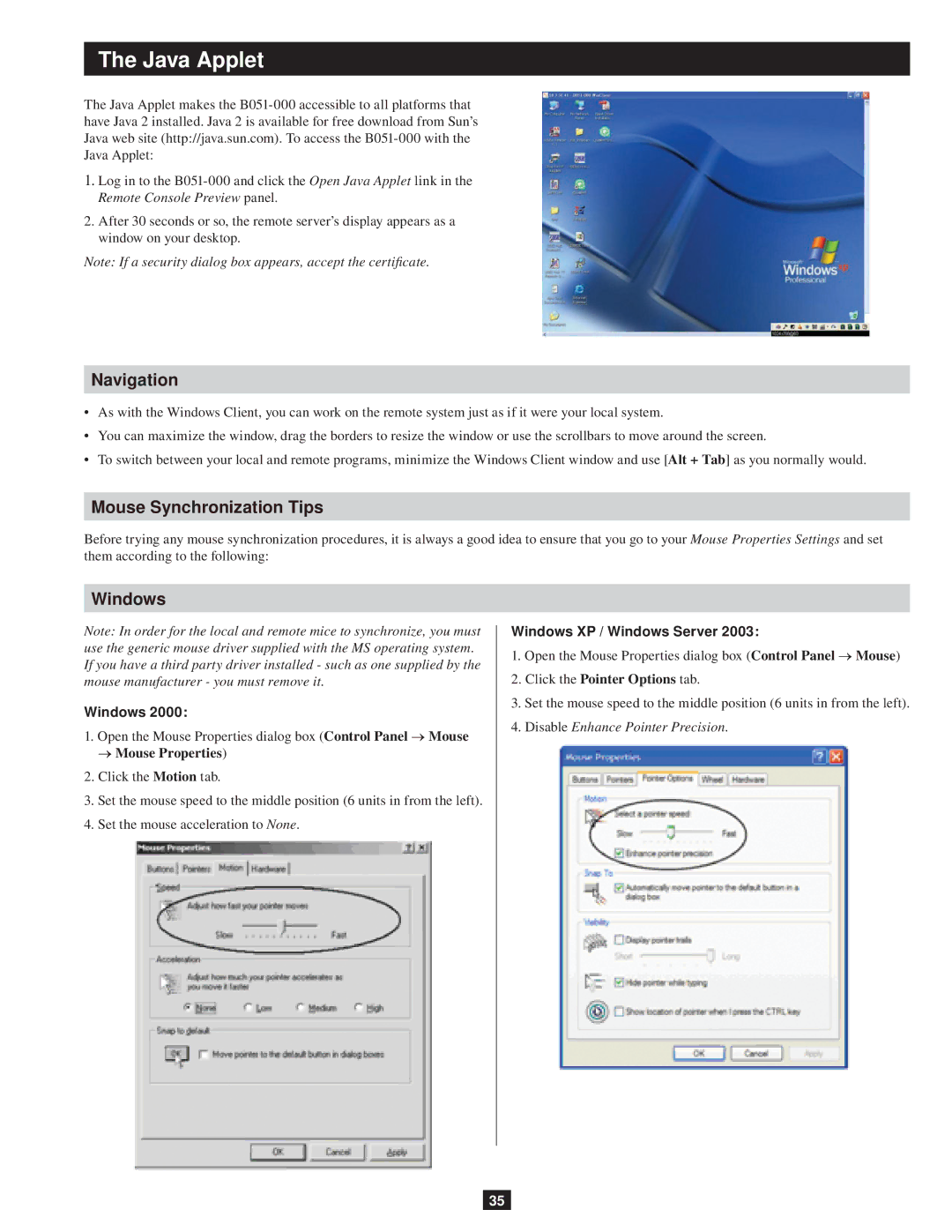 Tripp Lite B051-000 owner manual Java Applet, Click the Pointer Options tab 