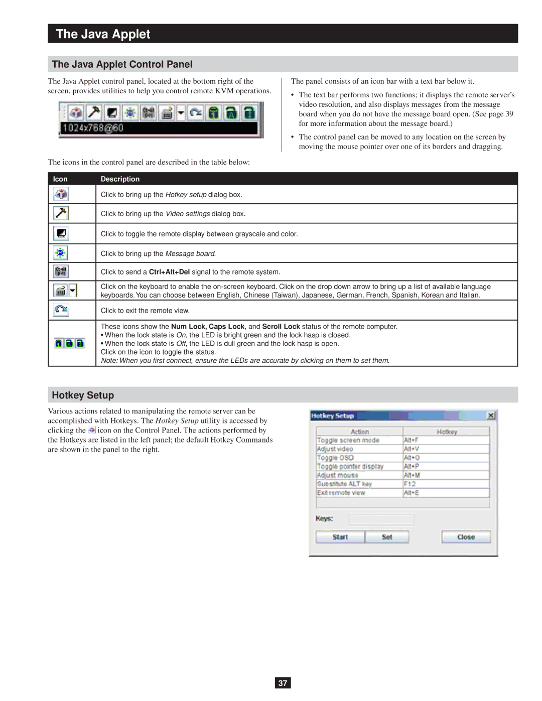 Tripp Lite B051-000 owner manual Java Applet Control Panel, Icon Description 