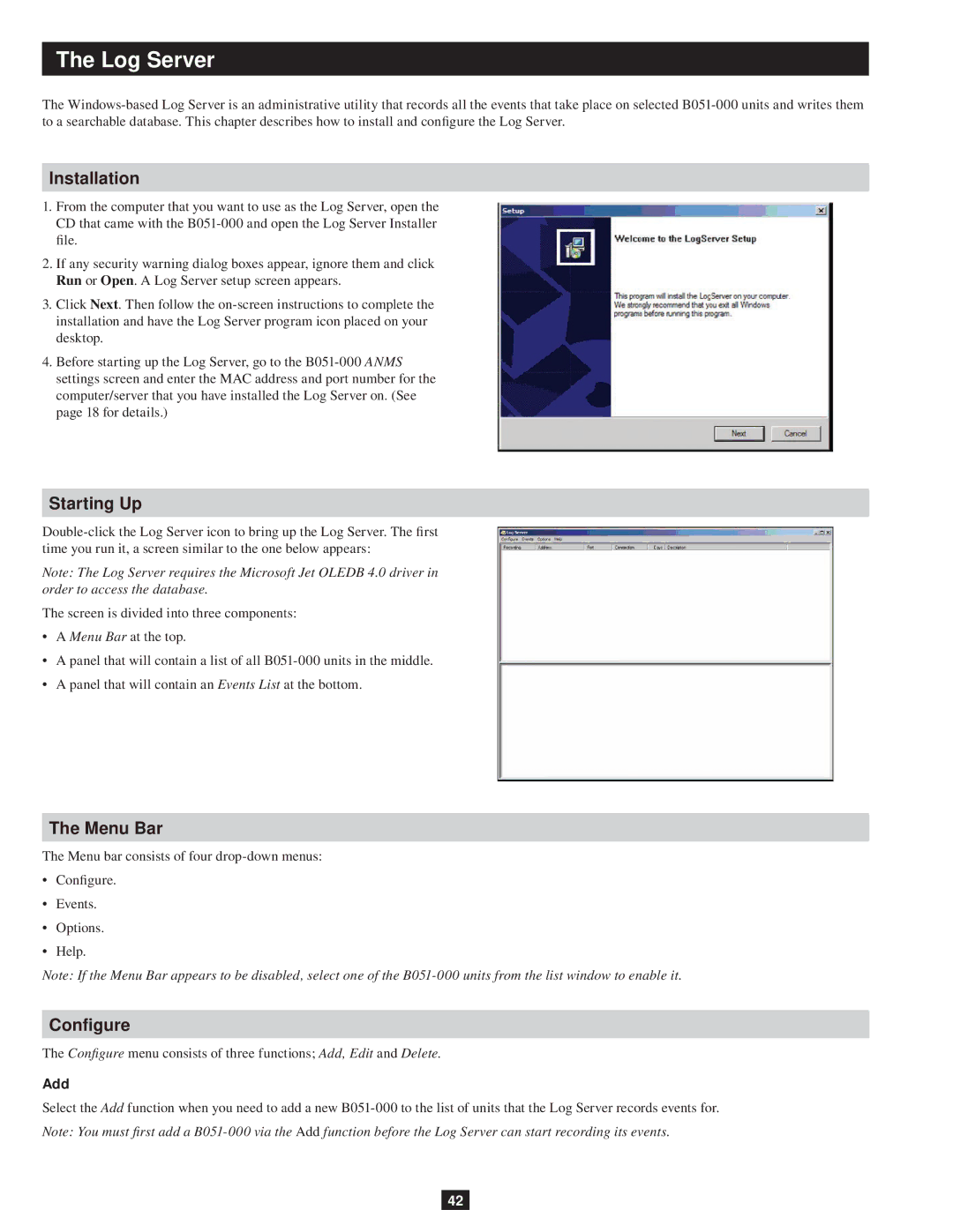 Tripp Lite B051-000 owner manual Log Server, Menu Bar, Configure, Add 