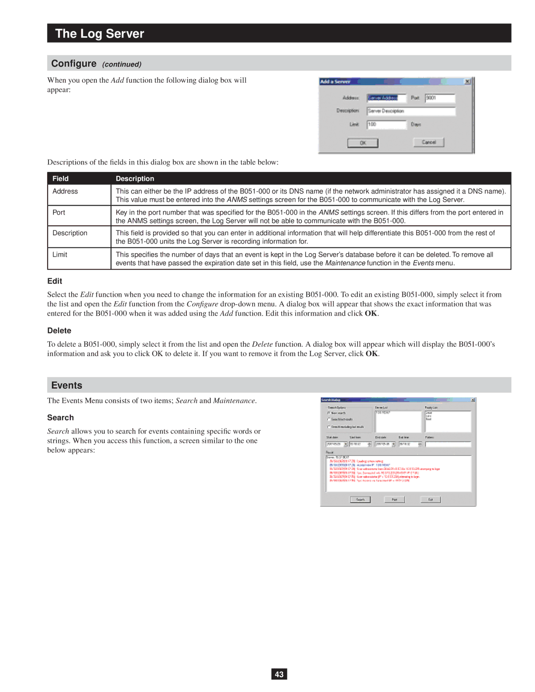 Tripp Lite B051-000 owner manual Events, Edit, Delete, Search, Field Description 