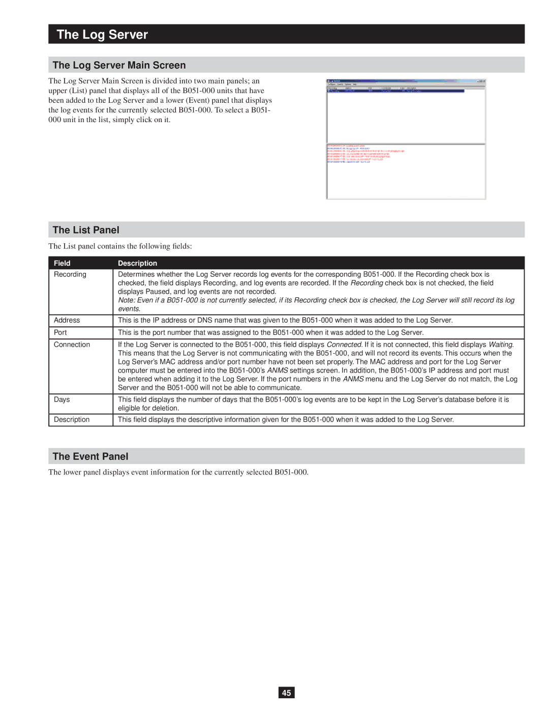 Tripp Lite B051-000 owner manual Log Server Main Screen, List Panel, Event Panel 