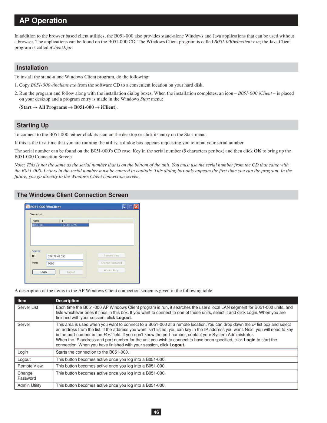 Tripp Lite owner manual AP Operation, Windows Client Connection Screen, Start → All Programs → B051-000 → iClient 