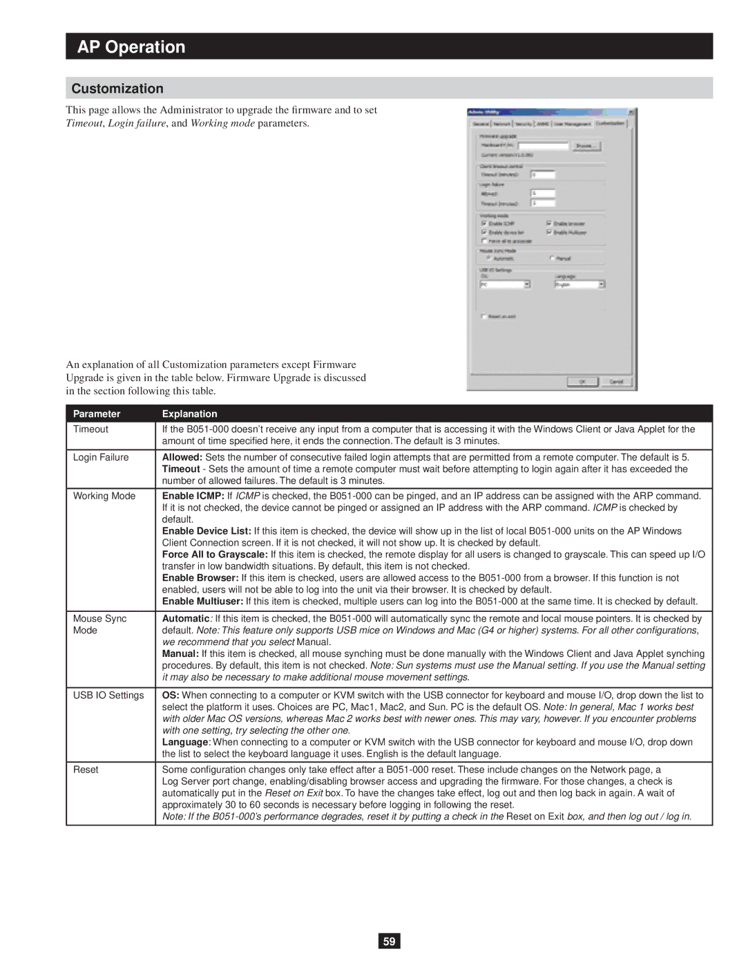 Tripp Lite B051-000 owner manual Timeout, Login failure, and Working mode parameters 