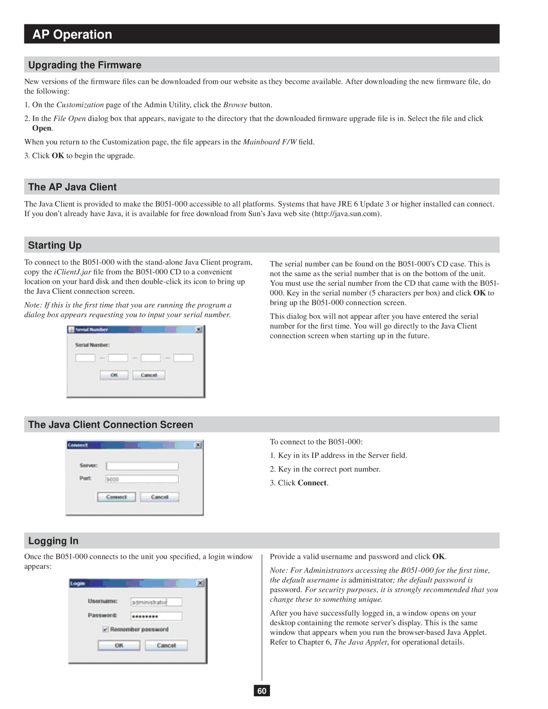 Tripp Lite B051-000 owner manual Upgrading the Firmware, AP Java Client, Java Client Connection Screen 