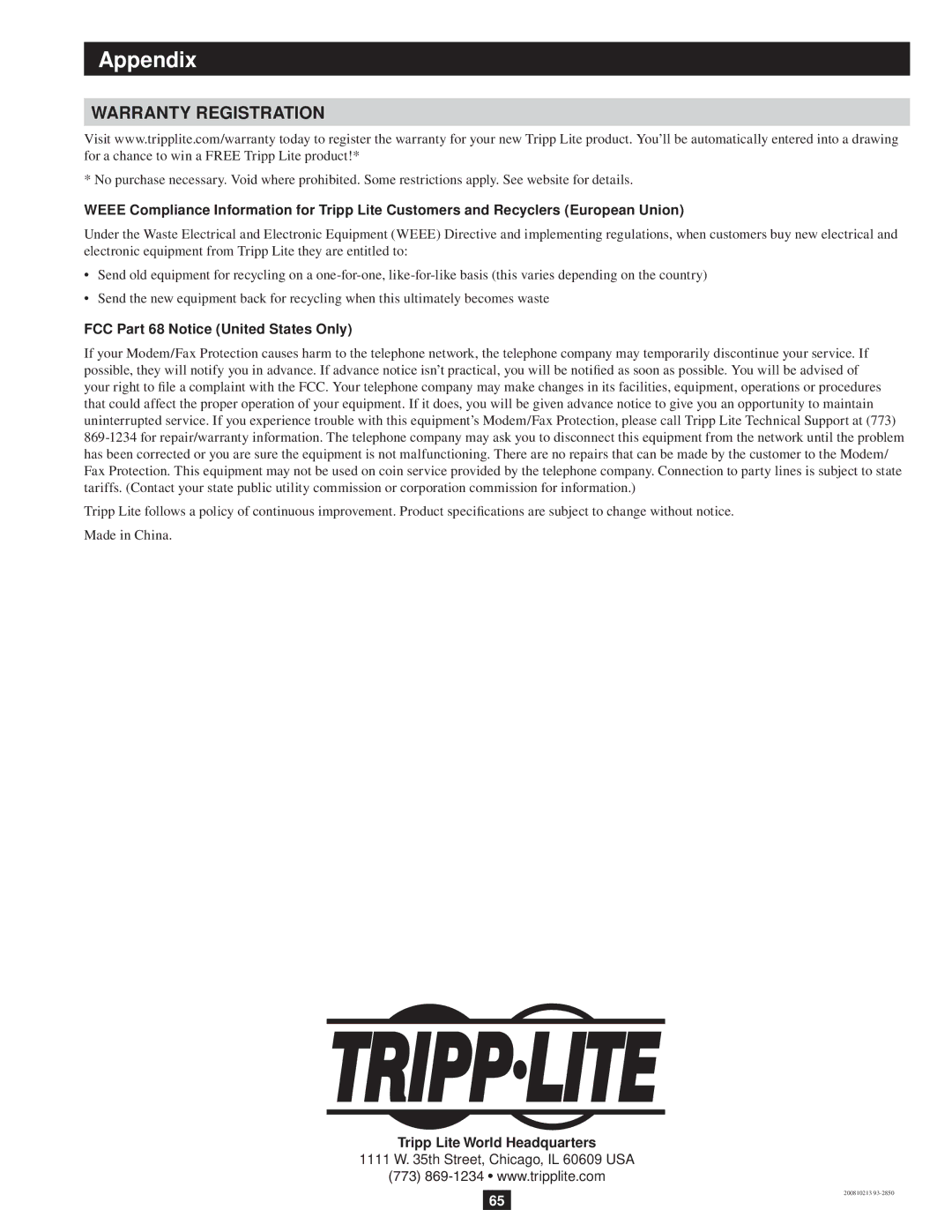 Tripp Lite B051-000 owner manual Warranty Registration, FCC Part 68 Notice United States Only 