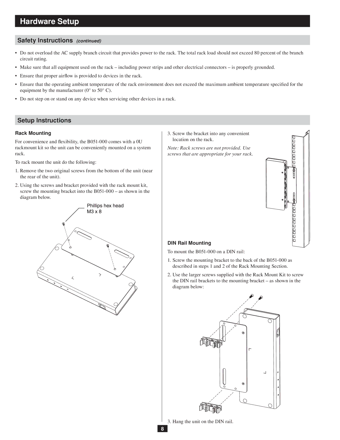 Tripp Lite B051-000 owner manual Setup Instructions, Rack Mounting, DIN Rail Mounting 