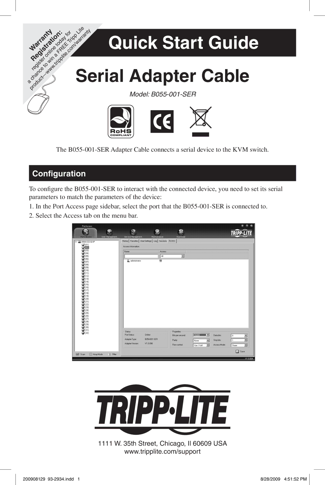 Tripp Lite B055-001-SER warranty Serial Adapter Cable, Configuration 