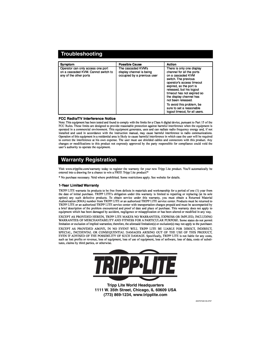 Tripp Lite B060-016-2 Troubleshooting, Warranty Registration, FCC Radio/TV Interference Notice, Year Limited Warranty 