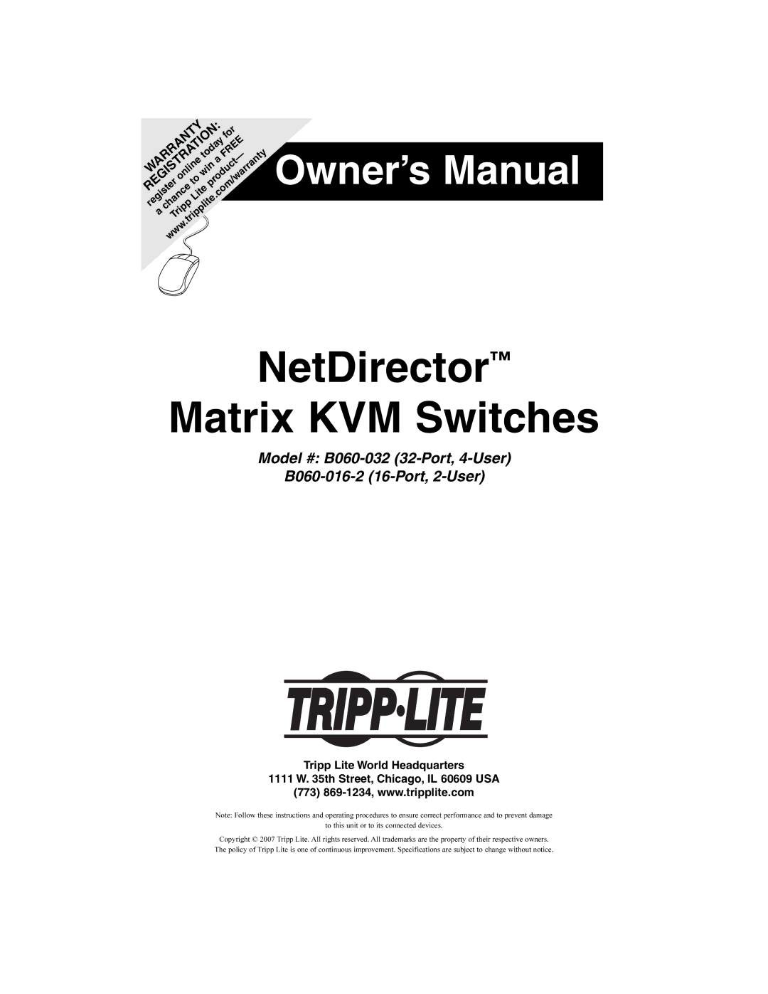 Tripp Lite B060-016-2 owner manual NetDirector Matrix KVM Switches 