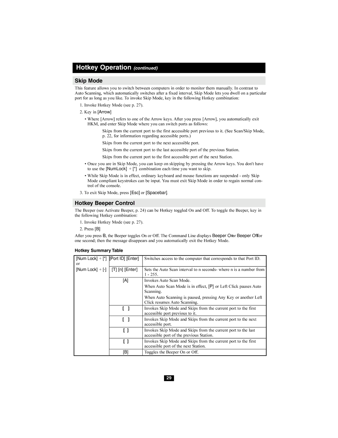 Tripp Lite B060-016-2 owner manual Skip Mode, Hotkey Beeper Control, Hotkey Summary Table 