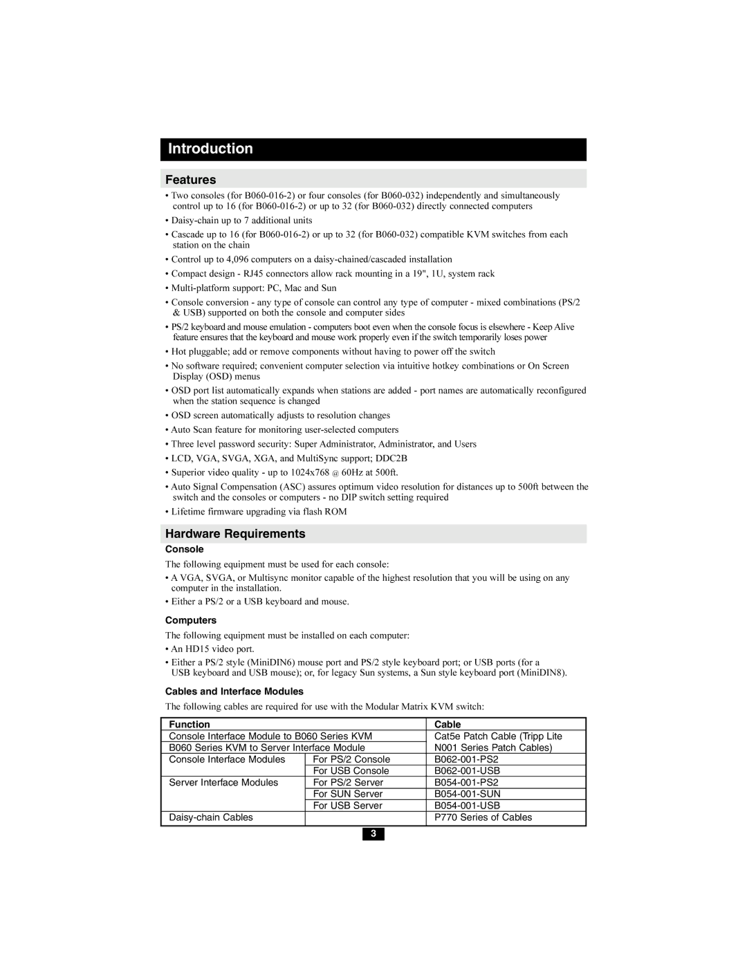 Tripp Lite B060-016-2 owner manual Introduction, Features, Hardware Requirements 